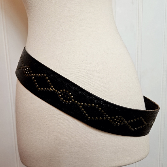 Vintage Fossil Studded Brown Leather Belt Wide Western Moto Boho L main image 10